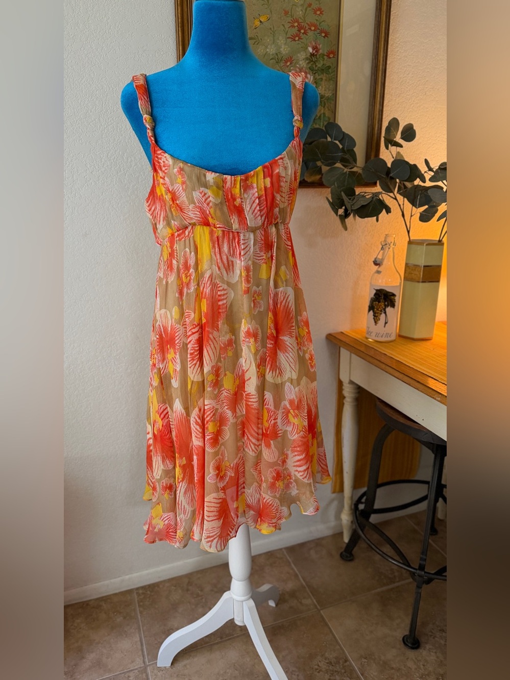 Diane Von Furstenberg Floral Silk Sundress in Coral, Yellow & Tan